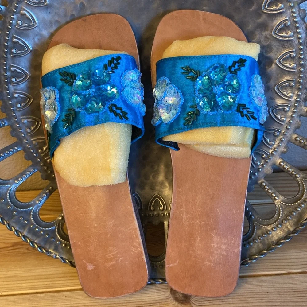 NEW! Turquoise Floral Beaded Embellished Sequined Slides Sandals Flats Size 5 - Picture 5 of 14